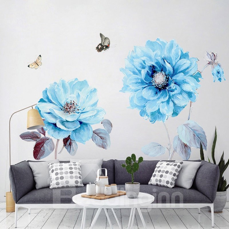 Wandaufkleber, blaue Blumen und Schmetterlinge, süßer Raumaufkleber, Wandaufkleber für Wohnzimmer, Schlafzimmer, Wand, Glas, Keramikfliesen 