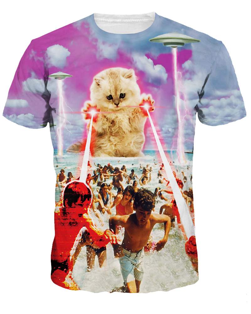 Camiseta pintada en 3D con estampado de gato enorme en la playa y cuello redondo creativo