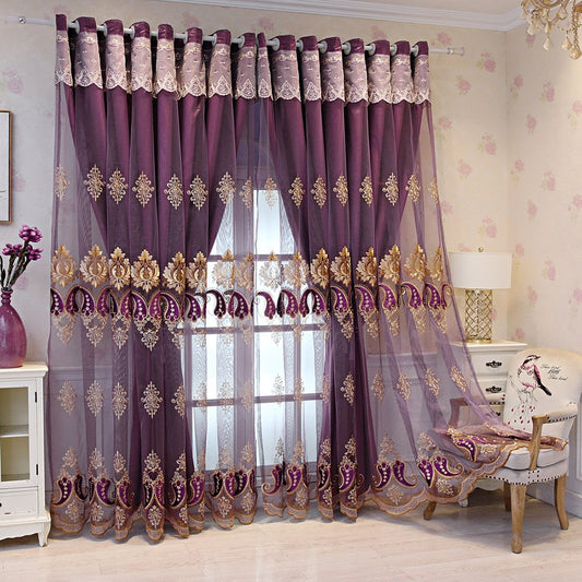 Purple European Double Embroidered Curtain Sets Sheer and Lining Blackout Curtains for Living Room Bedroom Decoration No Pilling No Fading No off-lining
