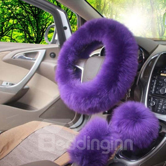 High-Grade Warm Long Plush Material Charming 3-Pieces Medium Car Steering Wheel Cover Sets Suitable for Most Round Steering Wheels