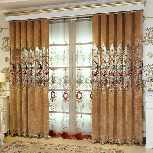 Europäische kaffeefarbene, elegante Stickerei, transparente Vorhänge für Wohnzimmer, Schlafzimmer, Dekoration, individuell, 2 Stoffbahnen, atmungsaktive Voile-Vorhänge, kein Pilling, kein Ausbleichen, kein Abstreifen, Polyester 
