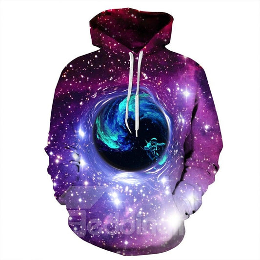 Sudadera con capucha pintada en 3D con patrón de tierra maravillosa de sueño universal de galaxia de manga larga suave