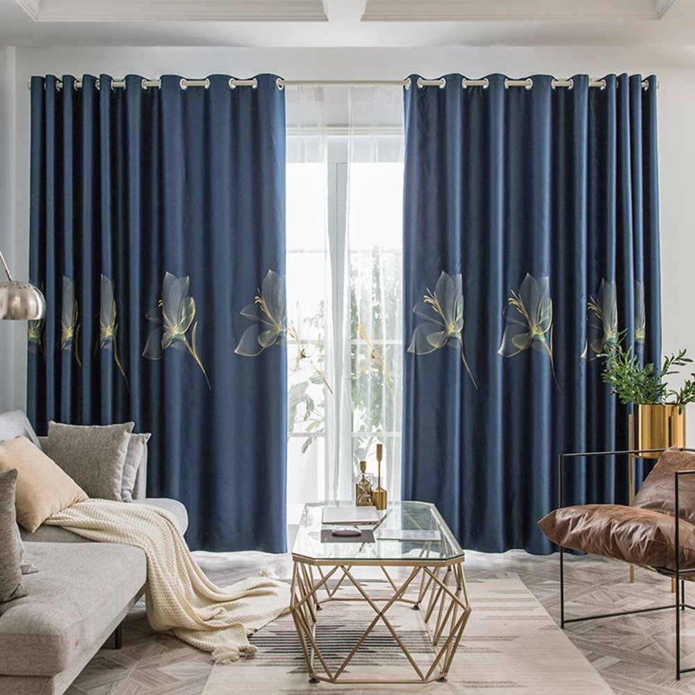 Cortinas modernas y simples con sombreado floral azul para sala de estar, dormitorio, cortina opaca, 2 paneles personalizados, decoración sin pelusas, sin decoloración, sin forro, aislamiento térmico, protección solar 