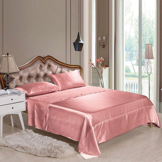4-Piece Silky Sheet Set Polyester Bedding Set Smooth Comfortable 1 Fitted Sheet Flat Sheet 2 Pillowcases Solid Color