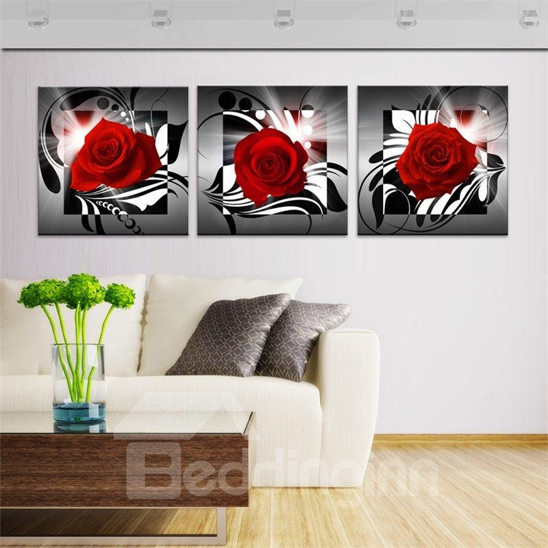 Patrón de rosas 3 piezas de lienzo colgante impermeable respetuoso con el medio ambiente impresiones de pared enmarcadas