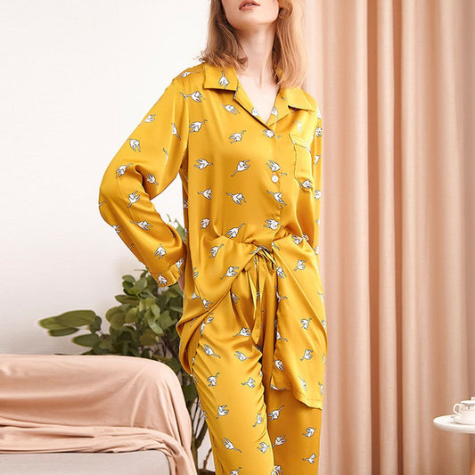 Einfacher Damen-Pyjama-Anzug aus Polyester mit Cartoon-Print, weichen, bequemen Ärmeln 