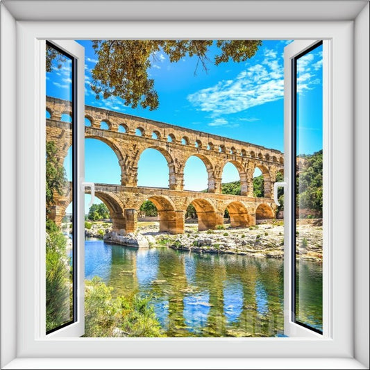 Stunning Arch Bridge above the River Window View 3D Wall Stickers