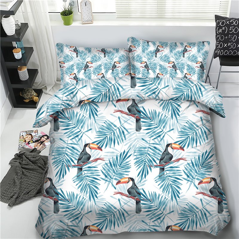 Blaue Vögel und Blätter druckende 4-teilige 3D-Bettwäsche-Sets/Bettbezüge aus Polyester