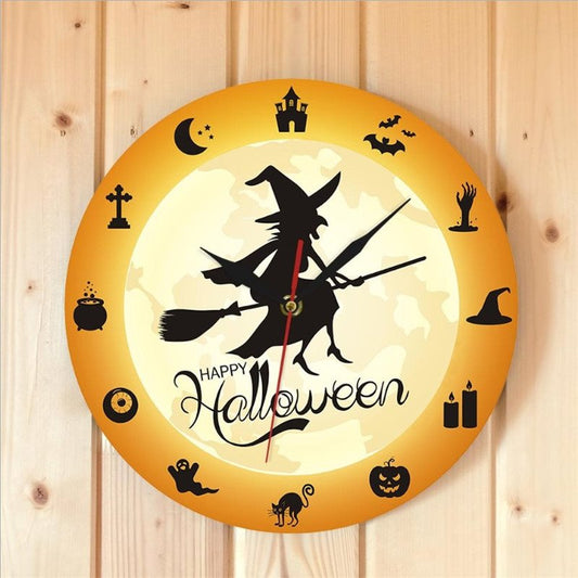 Reloj de pared silencioso de bruja de terror de Halloween, colgante de pared para el hogar, sala de estar, dormitorio, reloj decorativo acrílico 