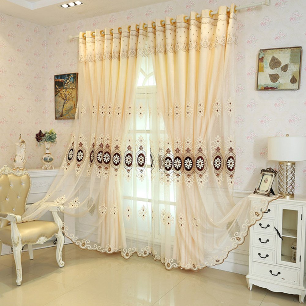 Modern Embroidery Floral Curtain Sets Sheer and Lining Curtain Polyester Blackout for Living Room Bedroom