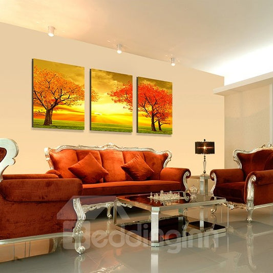 Fascinantes árboles de hojas rojas en un atardecer dorado, lienzo de 3 paneles, impresiones artísticas para pared
