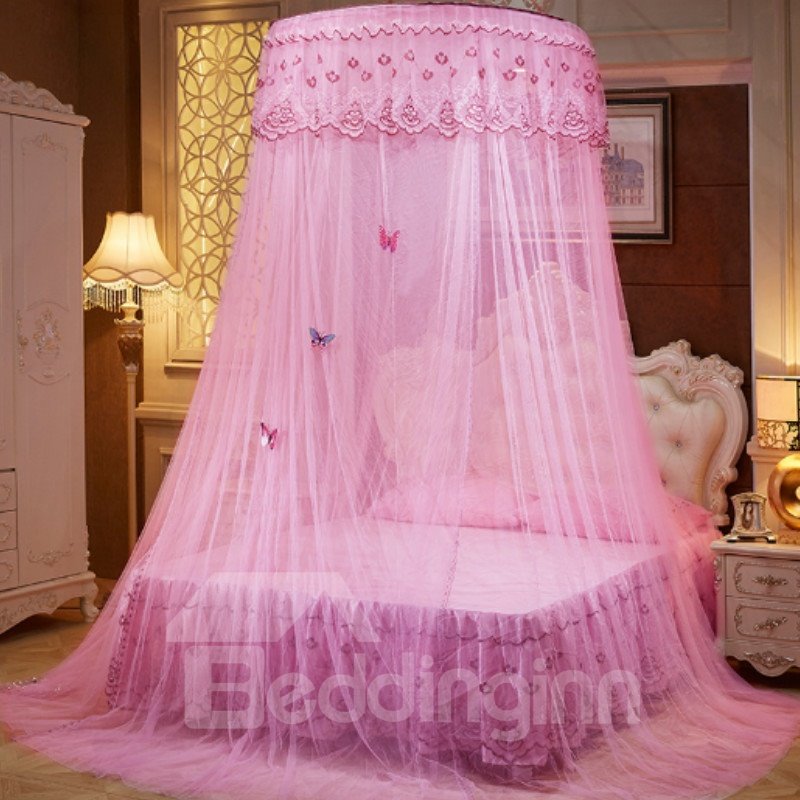 Pink Round Lace Dome Polyester Lightweight Canopy Mosquito Net