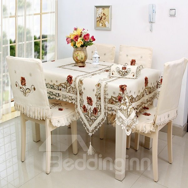 White Elegant Polyester Embroidery Flower Dining Room Decorative 1 Piece Tablecloth