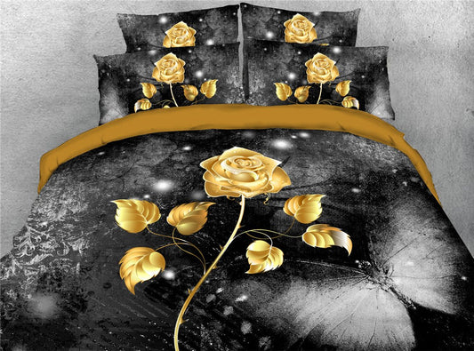 Luxuriöses 5-teiliges Bettdeckenset „Golden Rose“, schwarze Bettwäsche mit 3D-Blumendruck, 2 Kissenbezüge, 1 Bettlaken, 1 Bettbezug, 1 Bettdecke, warme, ultraweiche Mikrofaser 