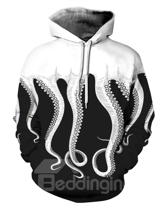 Cool Long Sleeve Black White Octopus Pattern 3D Painted Hoodie