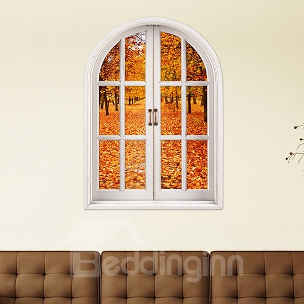 Adhesivo de pared 3D extraíble con vista de ventana de árbol y hojas de arce dorado