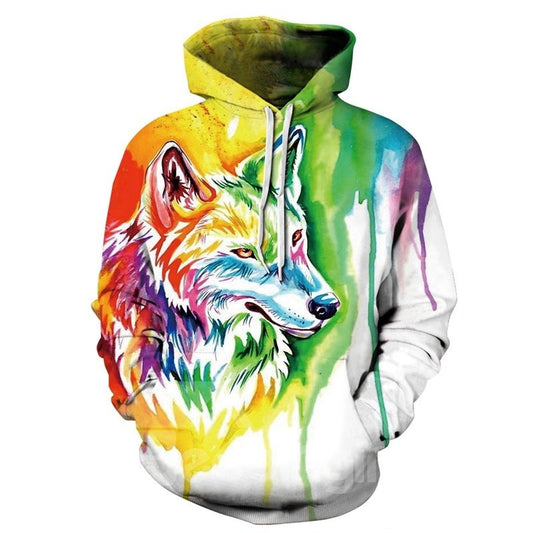 Sudadera con capucha pintada en 3D con patrón de lobo colorido de manga larga