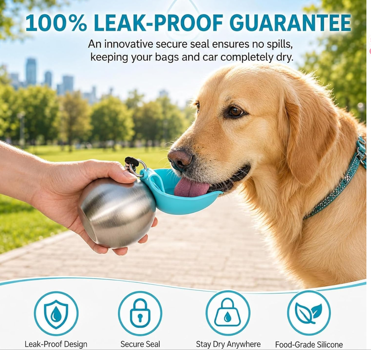 2 in 1 Portable Tumbler for Dogs, Portable Dog Water Ball, 10oz Stainless Steel Pet Water Dispenser with Silicone Foldable Bowl, Leak Proof, Portable Small Dog Water Bottle for Walking, Hiking(Blue)