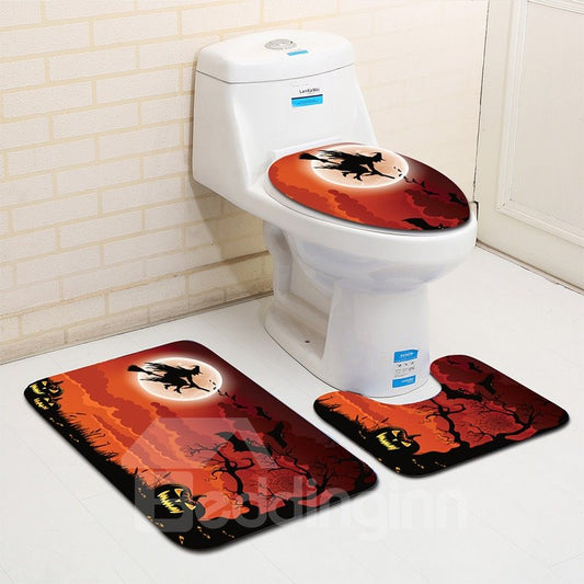 Halloween Witch and Broom Pattern 3-Piece Water-Absorption Anti-slid Toilet Seat Covers
