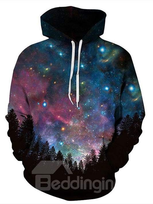 Forest Dark Night Long Sleeve Galaxy Pattern Front Pocket 3D Painted Hoodie