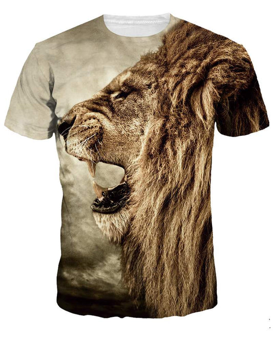 Camiseta pintada en 3D con cuello redondo y estilo de personalidad con diseño de rugido de león para hombres y mujeres