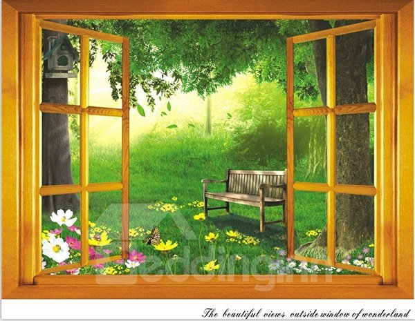 Abnehmbarer 3D-Wandaufkleber „Fairy World of Green Window View“. 