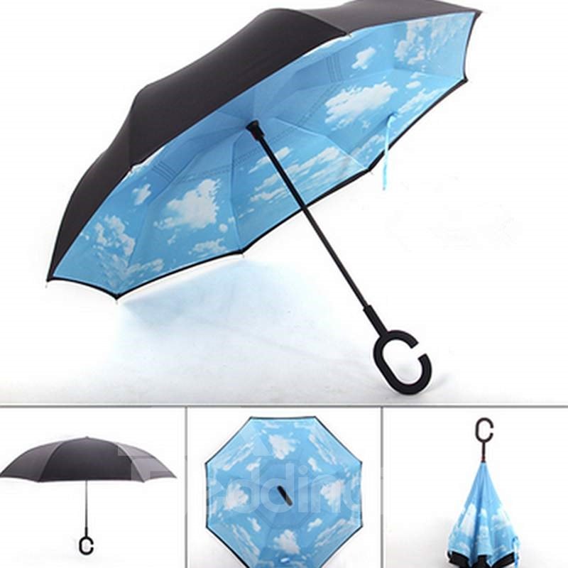 Doppelschichtiger, winddichter umgekehrter Regenschirm mit lebendigem Himmelsmuster