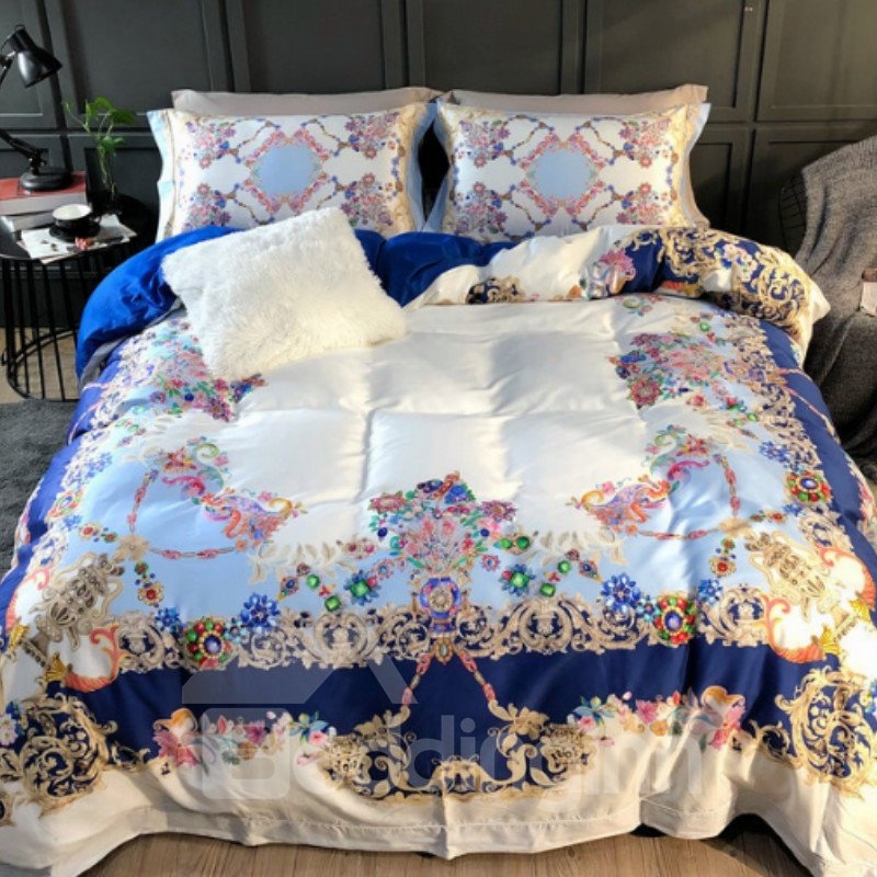Lujosas flores de primavera impresas, juegos de cama/funda nórdica azul de algodón de fibra larga de 4 piezas