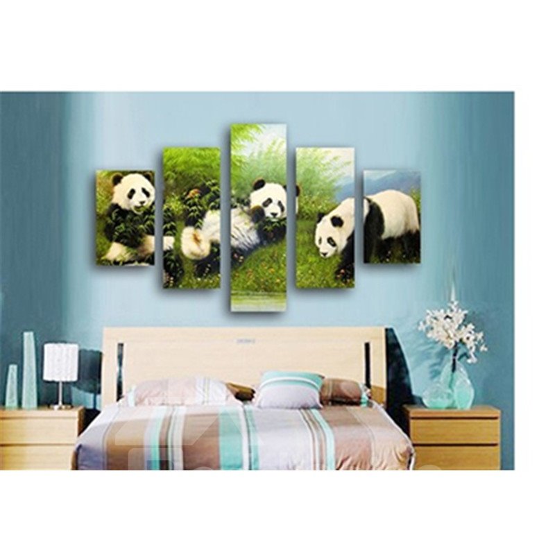 Pandas en plantas verdes colgando lienzo de 5 piezas Impresiones sin marco ecológicas e impermeables
