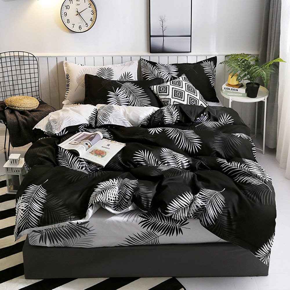 Schwarz-weiße Blätter, maschinenwaschbar, Reaktivdruck, dreiteiliges Set, Bettbezug-Set, Polyester-Bettwäsche-Sets, 2 Kissenbezüge, 1 Bettbezug 