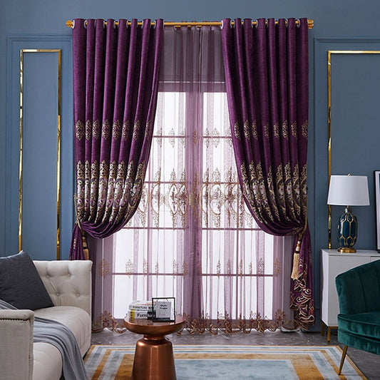 Cortinas transparentes con bordado floral morado europeo para sala de estar, decoración de dormitorio, 2 paneles personalizados, cortinas de gasa transpirables, sin pelusas, sin decoloración, sin forro de poliéster