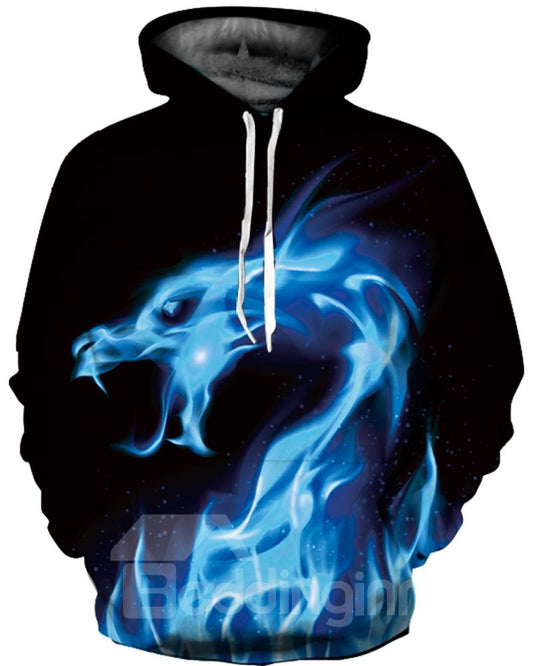 Schwarzer, langärmliger Kapuzenpullover mit blauem Drachenmuster und 3D-Bemalung