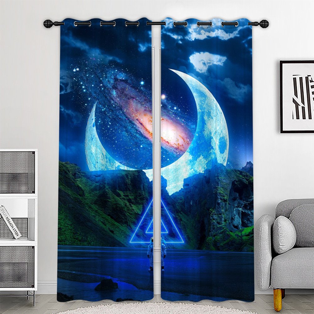 Blue 3D Scenery Curtains Creative Universe Moon Custom 2 Panels Drapes for Living Room Bedroom Decoration No Pilling No Fading No off-lining Polyester