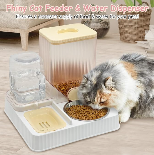 Fhiny Gravity Cat Feeder & Water Dispenser, 2 in 1 Automatic Puppy Waterer Removable Stainless Steel Food Bowls Set Self Feeding Pet Food Storage for Cat Kitten Puppy Easy Clean (Yellow)
