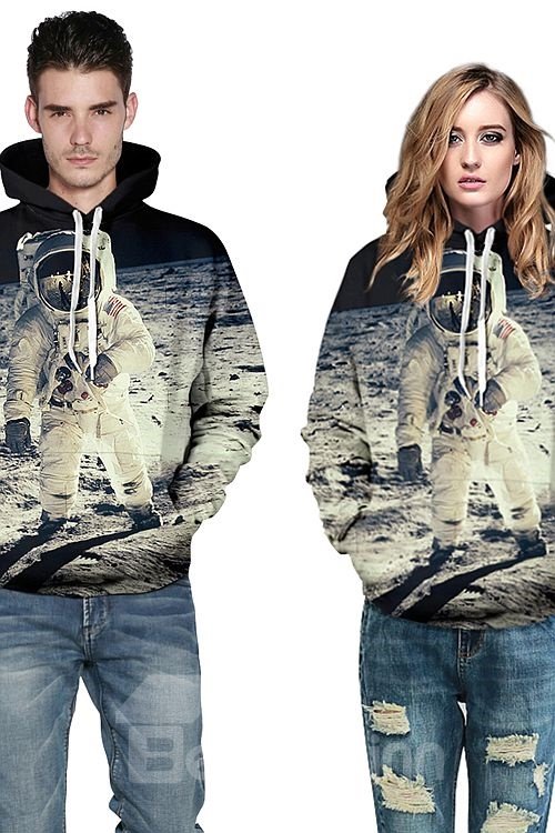 Einzigartiger langärmliger Raumfahrer mit 3D-bemaltem Kapuzenpullover mit Mondmuster