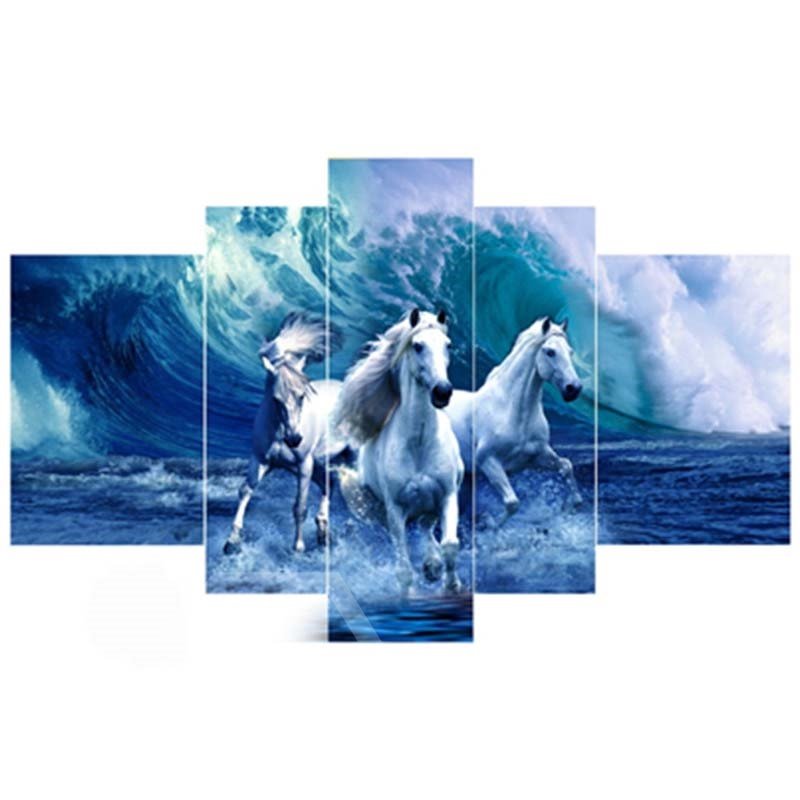 Weiße Pferde laufen im blauen Meer, hängende 5-teilige wasserfeste, nicht gerahmte Leinwanddrucke