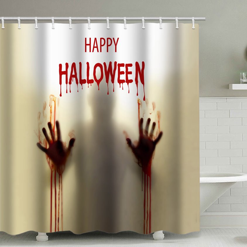 Happy Halloween Duschvorhang, blutige Hände und Buchstaben, Polyester, wasserdicht, schimmelresistent, Fenstervorhänge für Halloween-Dekorationen, Themendekoration, Requisiten, Badezimmer, 6 Größen