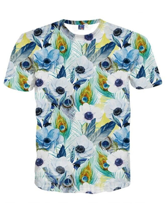 Polyester Pretty Round Neck Flower and Peacock Pattern 3D Painted T-Shirt