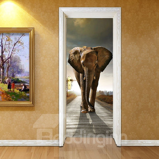 Mural de puerta 3D ambiental e impermeable de PVC con elefante marrón de 30 × 79 pulgadas