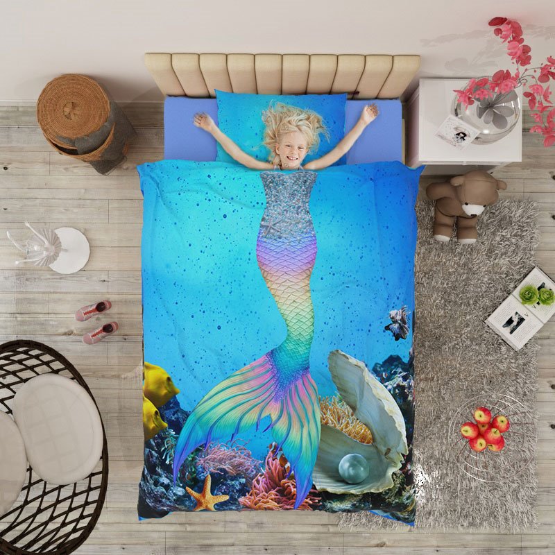 Blue Mermaid 4-Piece 3D Bedding Set/Duvet Cover Set The Underwater World Wear-resistant Breathable High Quality 60s Cotton Satin Grils Bedding