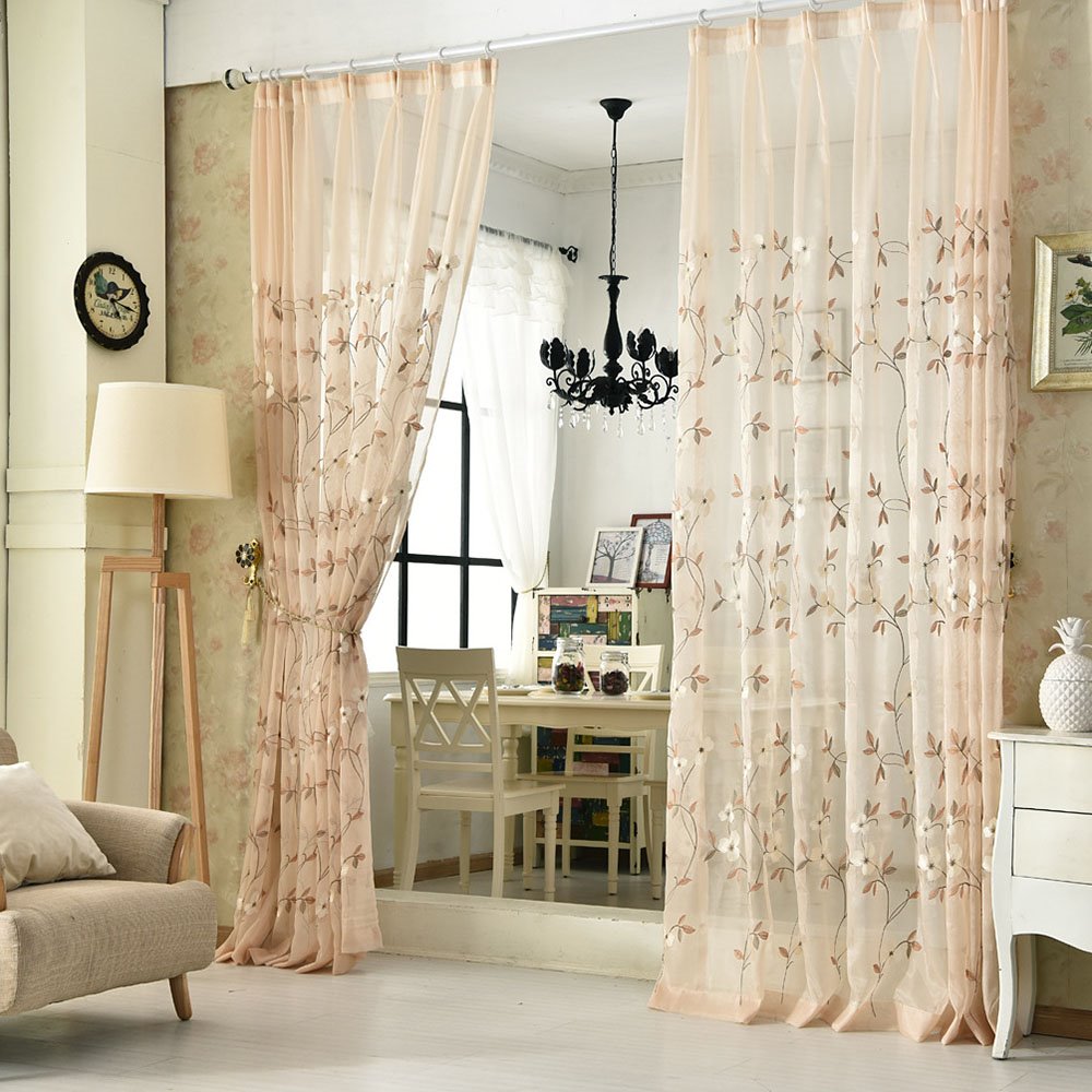 Cortinas transparentes florales con bordado moderno para sala de estar, dormitorio, poliéster, personalizadas, 2 paneles, cortinas de gasa transpirables, sin pelusas, sin decoloración, sin forro 