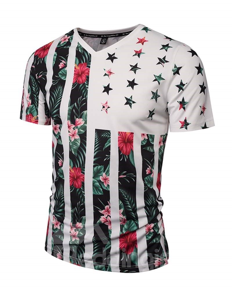 Bonita camiseta pintada en 3D con estampado de rayas florales y cuello en V 