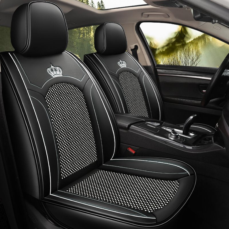 Simple Style Crown Pattern Luxury and Beauty Combination of Wear-resistant Leather and Breathable Ice Silk Material 5 Seats Universal Fit Seat Covers