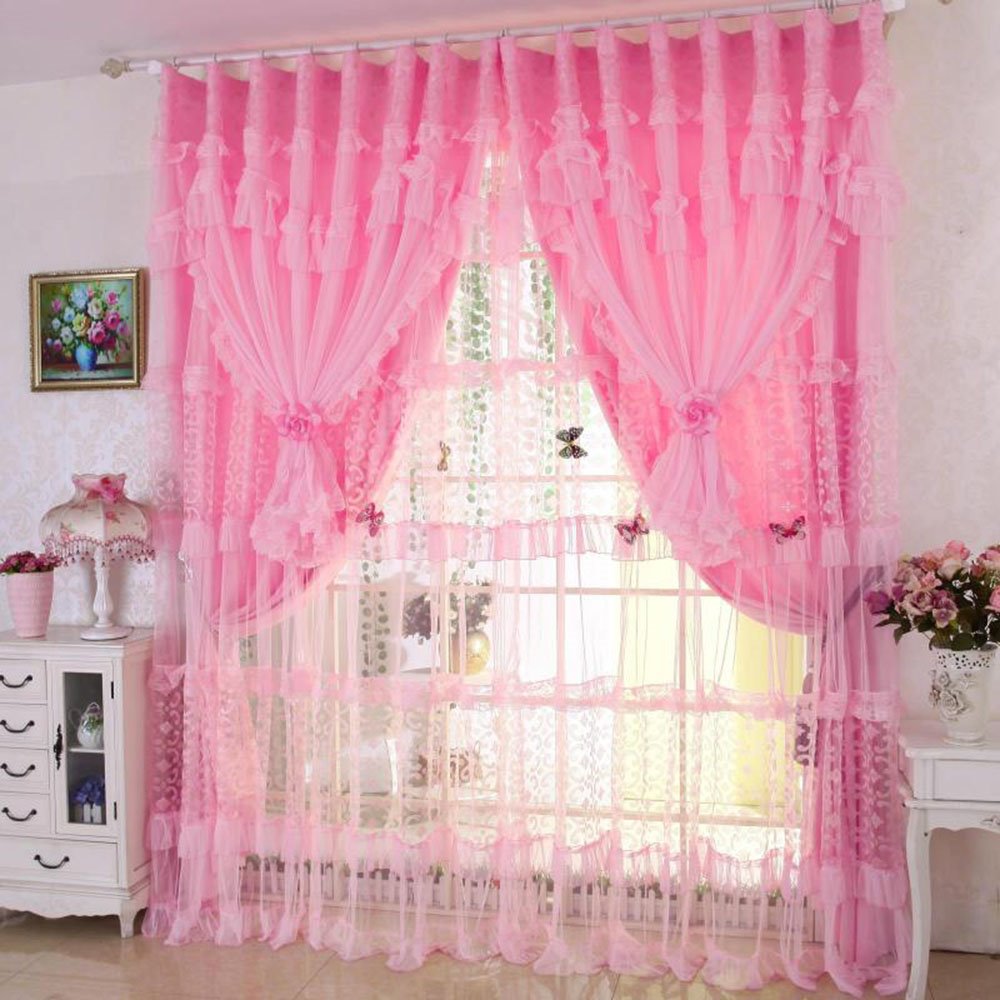 Cortinas opacas con decoración de encaje estilo princesa, pliegues dobles personalizados para sala de estar y dormitorio 