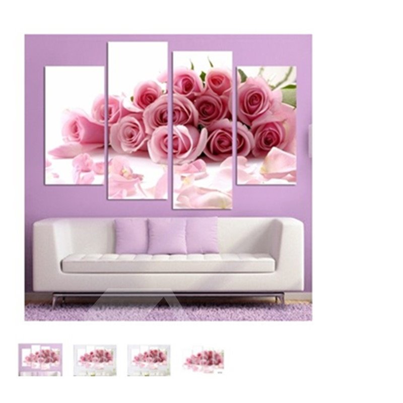 Rosas rosadas que cuelgan lienzo de 4 piezas, impresiones sin marco impermeables y ecológicas