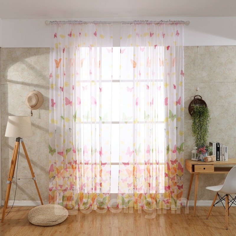 Cortinas y cortinas transparentes de poliéster con estampado de mariposas elegantes decorativas y sombreadas