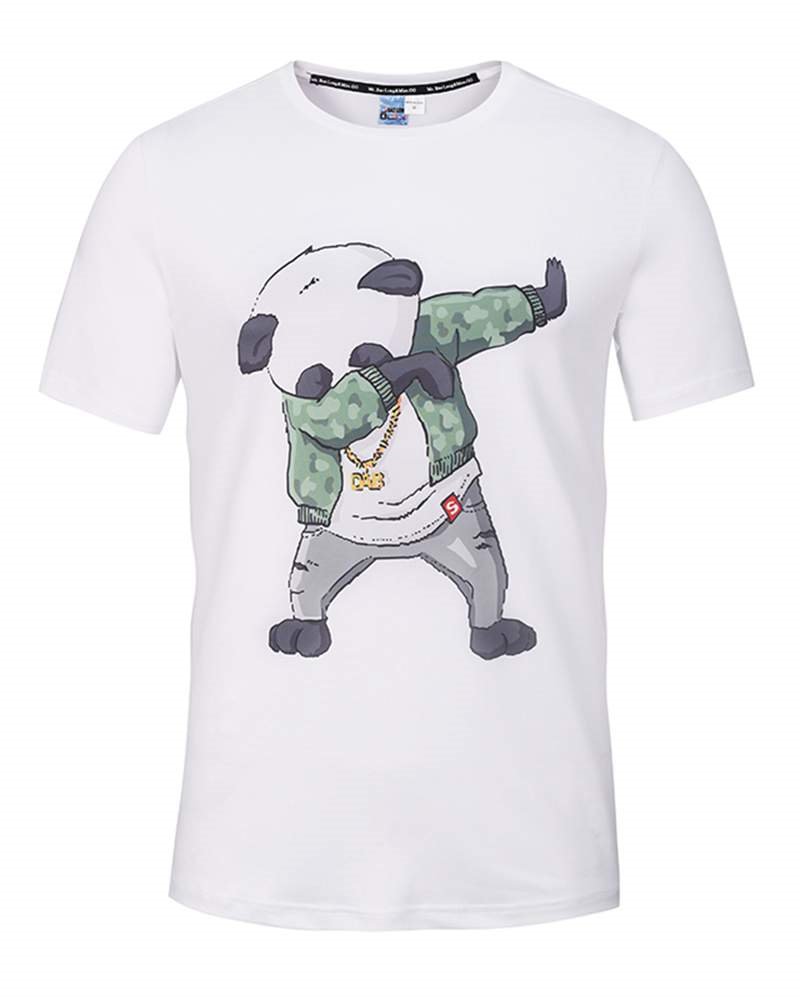Camiseta blanca pintada en 3D con patrón de danza de panda de dibujos animados y cuello redondo