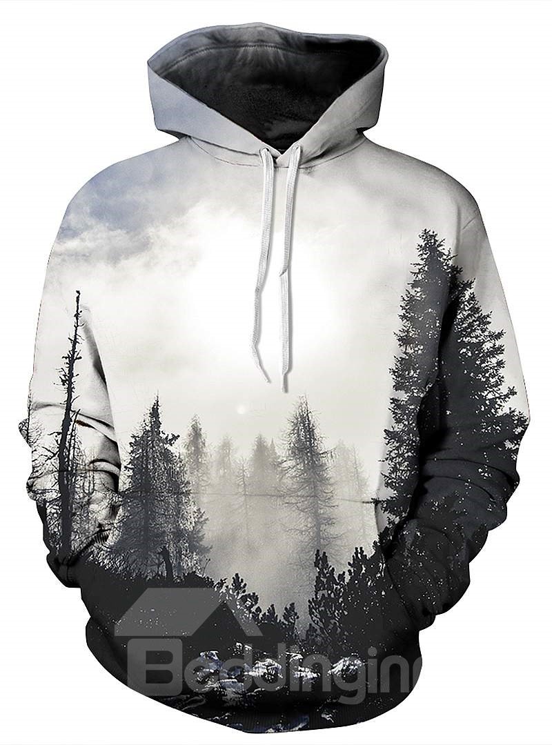 Sudadera con capucha especial pintada en 3D con bolsillo y patrón de árboles grises de manga larga