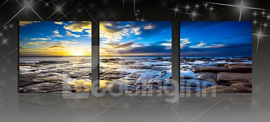 Atemberaubende 3-teilige Leinwand-Kunstdrucke mit strahlendem Sonnenaufgang