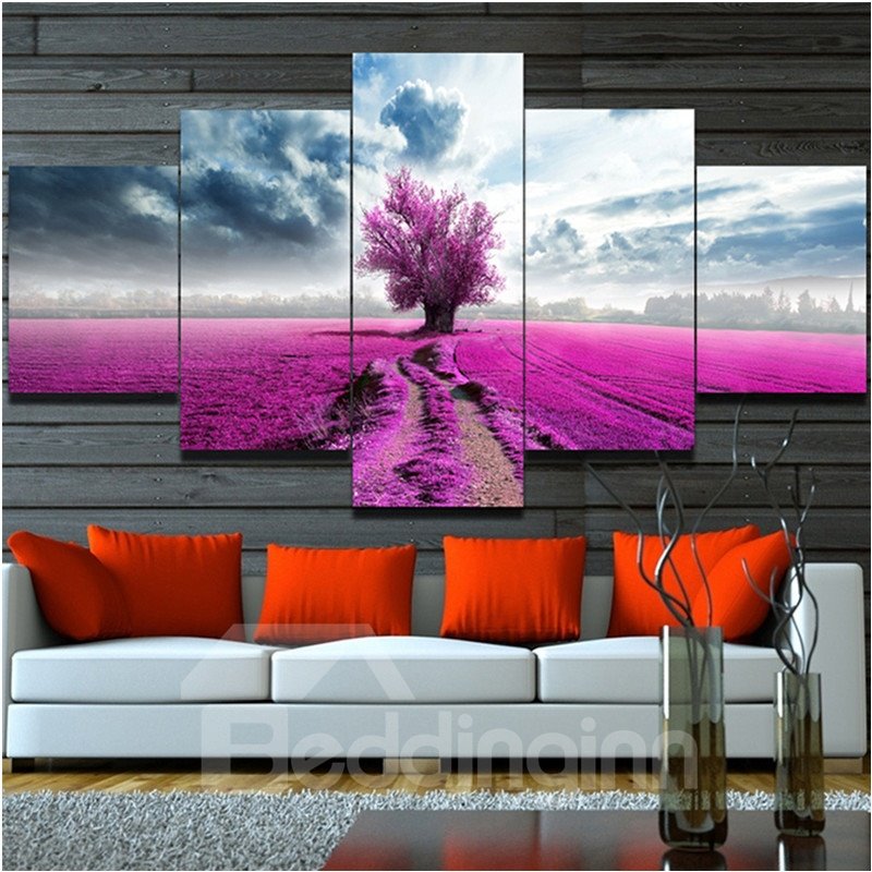 Pink Flowers Field Hanging 5-Piece Canvas Eco-friendly and Waterproof Non-framed Prints